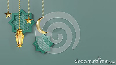 Ramadan Kareem greeting template with arabic lanterns and moon on the background for advertising products - 3d rendering illustrat Cartoon Illustration