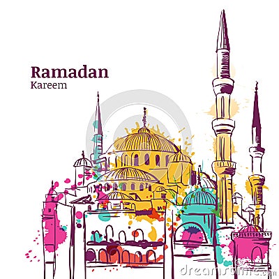 Ramadan Kareem holiday design. Watercolor sketch illustration of mosque. Vector Illustration