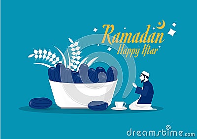 Ramadan Kareem, Iftar with illustration of Muslim Men Vector Illustration