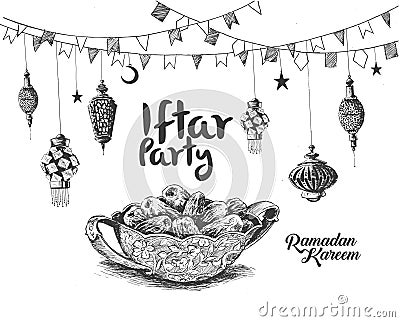 Ramadan Kareem Iftar party celebration, Hand Drawn Sketch Vector Vector Illustration