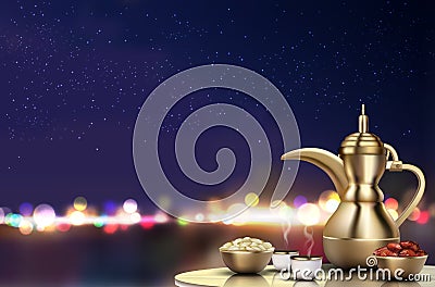 Ramadan Kareem Iftar party celebration. Traditional teapot with bowl, cups and dates on dinner table Vector Illustration