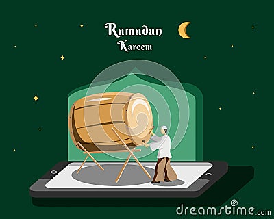 Ramadan Kareem illustration, cellphone art and playing drum in the Ramadan Kareem environment Vector Illustration