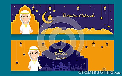 Ramadan kareem islamic banner design with Muslim male cartoon characters, vector illustration Cartoon Illustration