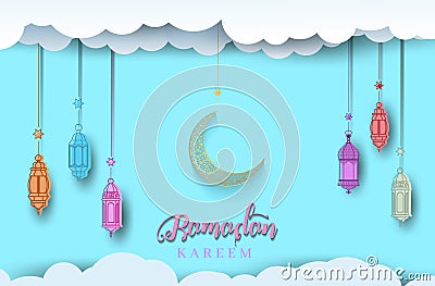 Ramadan kareem islamic design and arabic oil lamps with paper art. Bright and attractive design.vector illustration. EPS 10 Cartoon Illustration