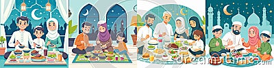 Ramadan Kareem islamic design people have suhoor meal food Vector Illustration