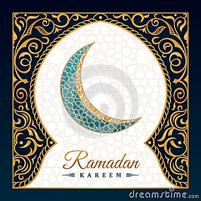 Ramadan Kareem islamic greeting card. Eastern design line mosque with arabic pattern Vector Illustration