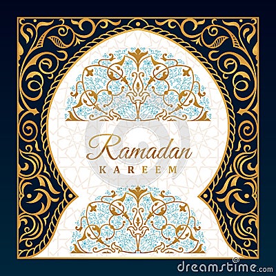 Ramadan Kareem islamic greeting card. Eastern design line mosque with arabic pattern Vector Illustration