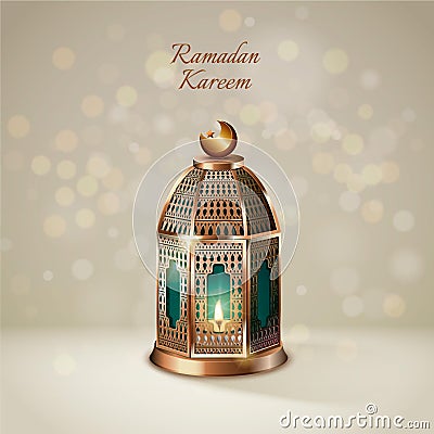 Ramadan kareem lantern hanging on chains composition with realistic images Vector Illustration
