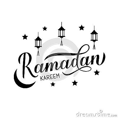 Ramadan Kareem lettering with lanterns, moon and stars isolated on white. Muslim holy month. Islamic traditional Vector Illustration