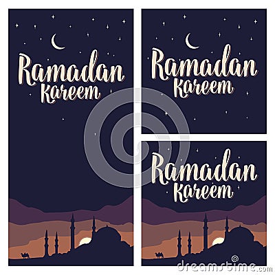 Ramadan kareem lettering with minarets, crescent, star in night sky. Vector Illustration