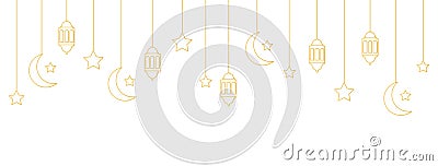 Ramadan Kareem long banner with hanging baubles. Golden lantern, crescent, star, lamp line icons. Arabian design element Vector Illustration