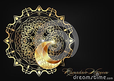 Ramadan Kareem of luxury poster or invitation design with gold islamic ornaments symbols, golden crescent moon on black modern Vector Illustration