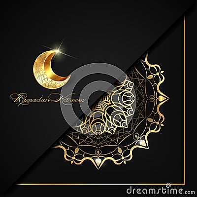 Ramadan Kareem of luxury poster or invitation design with gold mandala islamic ornaments symbols, golden crescent moon on black sq Vector Illustration