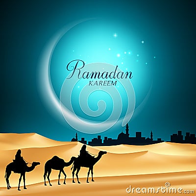 Ramadan Kareem Moon Background in the Night with Camels Vector Illustration
