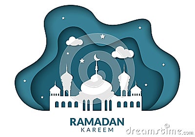 Ramadan Kareem with Mosque, Lanterns and Moon in Flat Background Vector Illustration for Religious Holiday Islamic Eid Vector Illustration