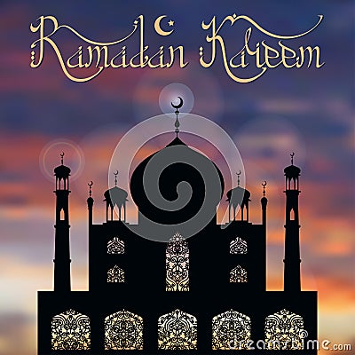 Ramadan Kareem.Mosque,ornamental window,moon,Night sky Vector Illustration