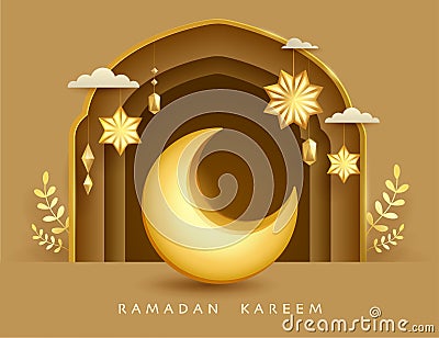 Ramadan Kareem paper graphic of islamic festival design with crescent moon, mosque window and islamic decorations Vector Illustration