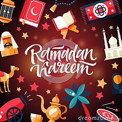 Ramadan Kareem - Postcard template with islamic culture icons Vector Illustration