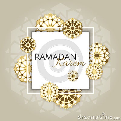 Ramadan Kareem poster design with 3d paper cut islamic lanterns, stars and moon on gold and violet background. Vector Vector Illustration