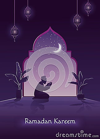 Ramadan Kareem pray. Eid Mubarak, Muslim Islam prayer, man in night, iftar fasting at home, window arch and traditional Vector Illustration