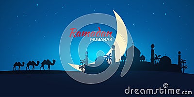 Ramadan Kareem. Ramadan Mubarak. Greeting card. Arabian night with Crescent moon and camel. Stock Photo