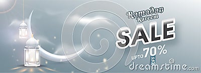 Ramadan Kareem Sale header or banner design with 70% discount offer, crescent moon and illuminated lantern on sunshine cloudy Stock Photo