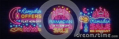 Ramadan Kareem sale offer neon banners collection. Ramadan Holiday discounts vector illustration design template in Vector Illustration