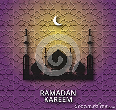 Ramadan Kareem shiny background with mosque silhouette. Vector Illustration