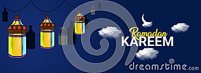 Ramadan Kareem social media banner poster design with cloudy background and lantern fanus. The Muslim feast of the holy month of Vector Illustration