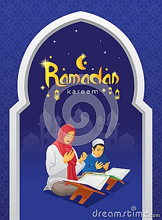 Ramadan kareem greetings card with praying woman and her son after read the holy Quran Vector Illustration