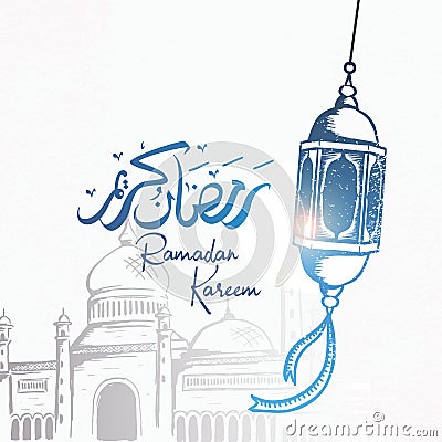 Ramadan Kareem vector with islamic lantern, mosque hand drawn and arabic calligraphy. Vintage sketch drawing illustration. Vector Illustration