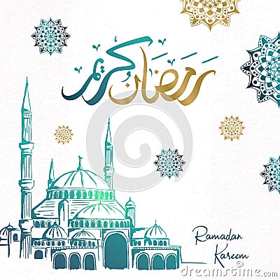 Ramadan Kareem vector, mosque hand drawn and arabic calligraphy. Vintage sketch drawing illustration. Translated: Holy Ramadan Vector Illustration