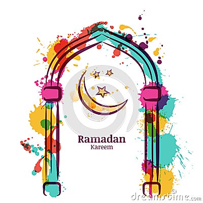 Ramadan Kareem vector watercolor background with colorful moon and stars in the window. Vector Illustration