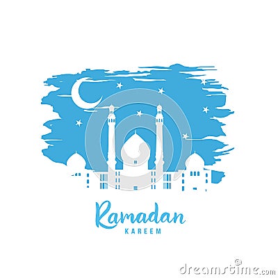 Ramadan Kareem. White Mosque on background of the starry sky. Vector Illustration