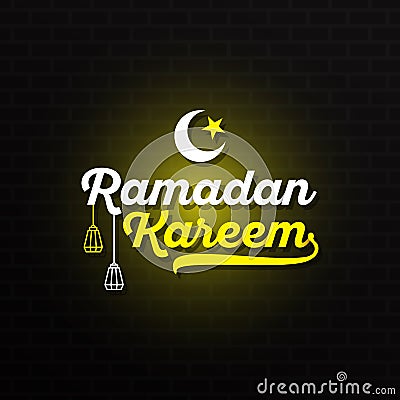 Ramadan Kareem with yellow white lettering and crescent moon star and lantern against dark wall background with a yellow light. Vector Illustration