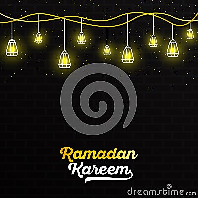 Ramadan Kareem with yellow white lettering and hanging lantern against dark wall background with a yellow light. Vector Vector Illustration