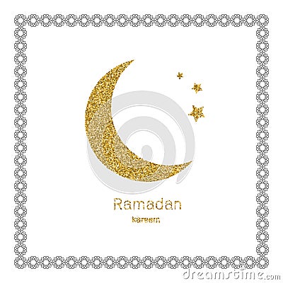 Ramadan Kerim, white Arabic bezel and gold glitter moon. Vector Illustration