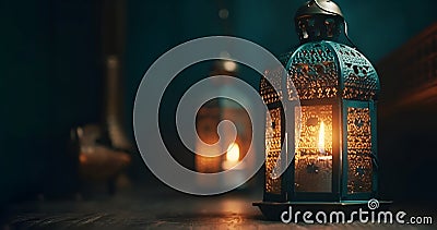 Ramadan lamps lit up against background of AI-generated illuminated decorative Stock Photo