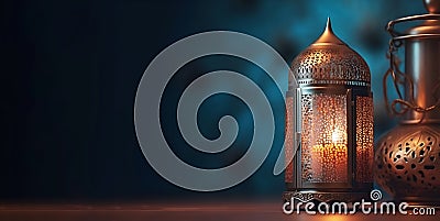 Ramadan lamps lit up against background illuminated decorative lighting banner for Islamic New Year Stock Photo