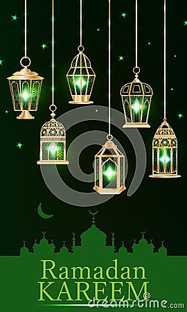 Ramadan lantern green light vertical Vector Illustration