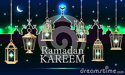 Ramadan lantern Islam building white banner RGB Vector Illustration