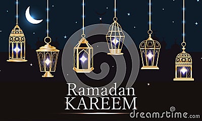 Ramadan lantern purple light banner RGB Vector Illustration