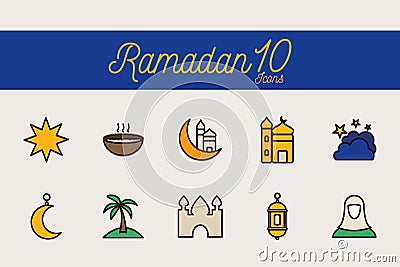 10 Ramadan line and fill style icon set vector design Vector Illustration