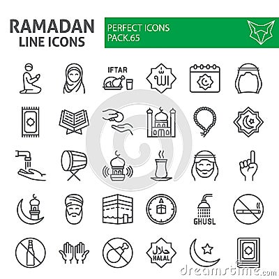 Ramadan line icon set, islamic holiday symbols collection, vector sketches, logo illustrations, islam icons, muslim day Vector Illustration