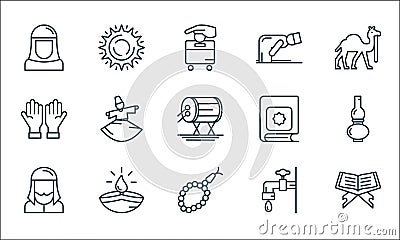 Ramadan line icons. linear set. quality vector line set such as book, beads, muslim, ablution, lamp, praying, quran, ruku, noon Vector Illustration