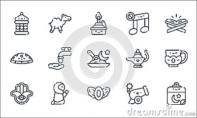 ramadan line icons. linear set. quality vector line set such as calendar, dates, hamsa, cannon, prayer, hat, oil lamp, no music, Vector Illustration