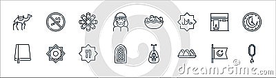 Ramadan line icons. linear set. quality vector line set such as tasbih, samsa, window, hat, kaaba, flower, dates, no smoking Vector Illustration