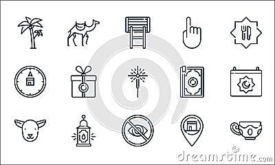 Ramadan line icons. linear set. quality vector line set such as teacup, hidden, lamb, location, lantern, kaaba, quran, pointing, Vector Illustration