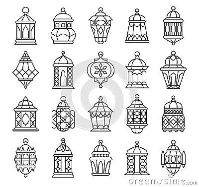 Ramadan line lantern. Outline Arabic fanous. Muslim holiday moon stroke symbol. Traditional religious lamps. Eastern Vector Illustration