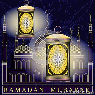 Ramadan. mosque on the background, holiday lanterns Vector Illustration